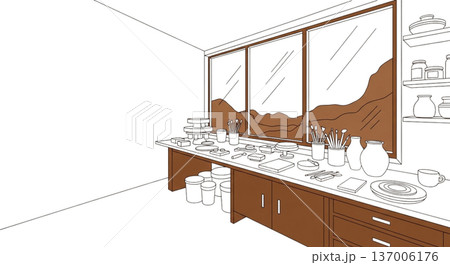 陶芸工房の作業台 窓と道具と器 手作りの作業場 工房イラスト 137006176