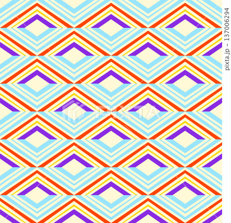 Chevron graphic ornament seamless pattern. Irregular line, classic 60s, 70s concept abstract geometrical grid. Blue marine red yellow color palette. Cute modern vector illustration, white background 137006294