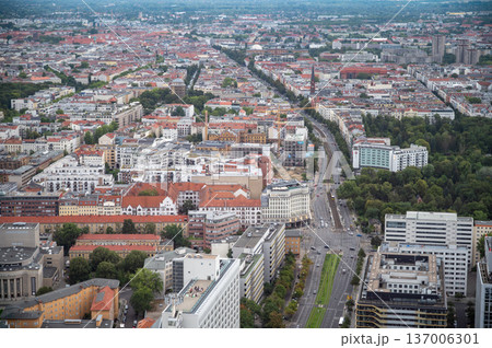 Berlin, germany, august 15, 2023. Sprawling berlin cityscape from a high vantage point, revealing diverse urban architecture, streets, green areas, and rooftops Berlin, germany, august 15, 2023. Sprawling berlin cityscape from a high vantage point, revealing diverse urban architecture, streets, green areas, and rooftops 137006301