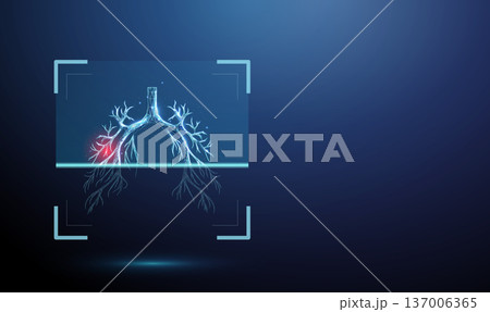 Human lungs inside digital scanning frame with red spot indicating abnormal area Pulmonary examination, disease detection, tumor identification, inflammation screening concept 137006365