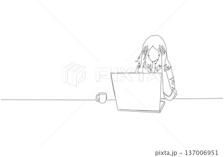 Continuous One Line Drawing of a Stressed Woman Working on Laptop eps10 Continuous One Line Drawing of a Stressed Woman Working on Laptop eps10 137006951