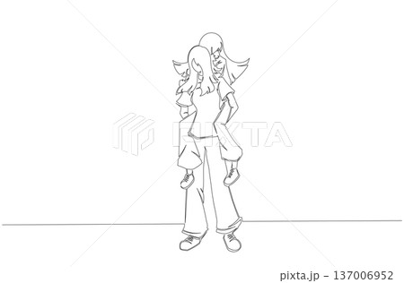 Continuous One Line Drawing of Two Female Friends in Piggyback Pose eps10 137006952