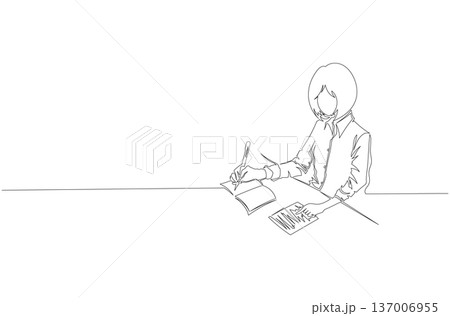 Continuous One Line Drawing of a Woman Writing in a Notebook eps10 137006955
