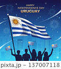 Uruguay Independence Day Celebration with National Flag and City Skyline 137007118
