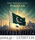 Elegant Pakistan Independence Day Celebration with Waving Flag and Sunrise Background 137007136