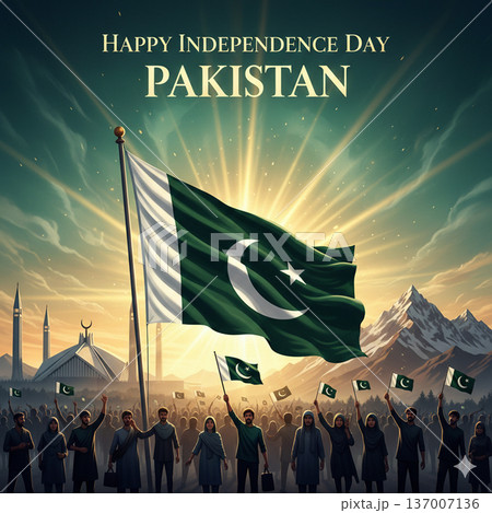 Elegant Pakistan Independence Day Celebration with Waving Flag and Sunrise Background 137007136