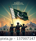 Elegant Pakistan Independence Day Celebration with Waving Flag and Sunrise Background 137007147
