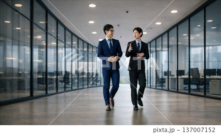 話しながら歩く2人の男性ビジネスマン 137007152
