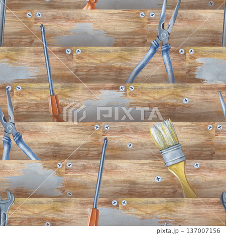 Seamless drawing with working tools on the background of wooden bolted panels. Watercolor illustration of men's work tools for home renovation. Realistic repeating pattern for packaging and printing. 137007156