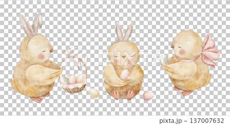 Set of Easter chicks in bunny ears holding colorful eggs. Watercolor illustrations in childlike style. Hand-drawn isolated from background for design holiday card, posters, banners, tableware clothing 137007632