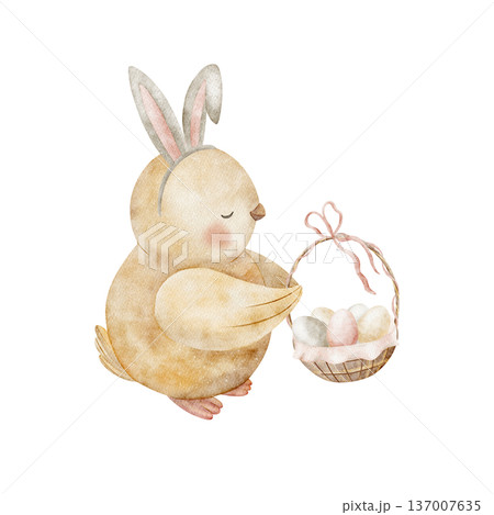 Chick holding basket of Easter eggs. Watercolor illustration of baby bird bunny ears, hand-drawn in childish style, isolated background for holiday cards posters tableware clothing decor invitations Chick holding basket of Easter eggs. Watercolor illustration of baby bird bunny ears, hand-drawn in childish style, isolated background for holiday cards posters tableware clothing decor invitations 137007635