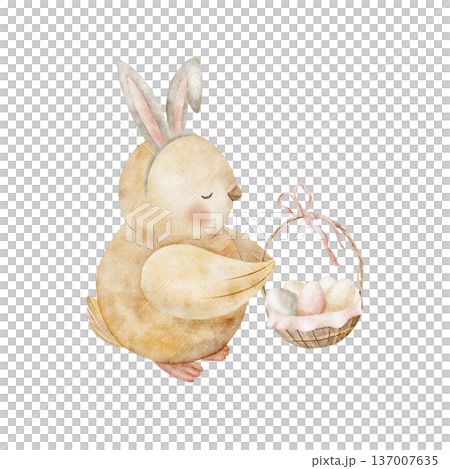 Chick holding basket of Easter eggs. Watercolor illustration of baby bird bunny ears, hand-drawn in childish style, isolated background for holiday cards posters tableware clothing decor invitations Chick holding basket of Easter eggs. Watercolor illustration of baby bird bunny ears, hand-drawn in childish style, isolated background for holiday cards posters tableware clothing decor invitations 137007635