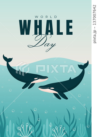 World Whale Day poster with blue whales swimming in ocean water vector illustration. 137007642
