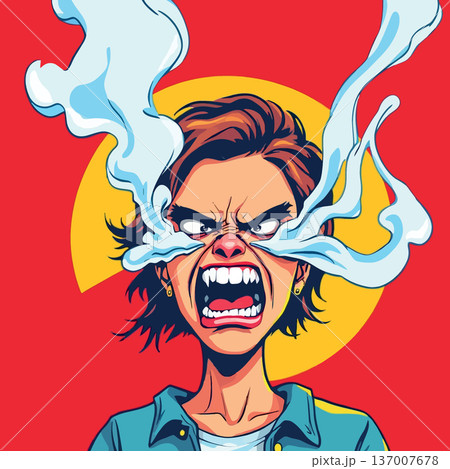 Vsai furious young woman screaming with smoke coming from eyes 137007678