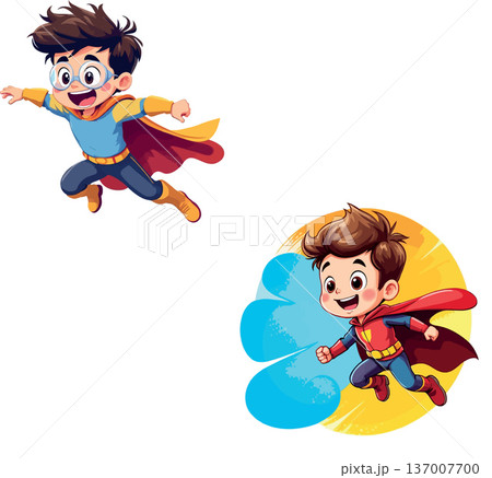 Vsai excited cartoon superhero boys flying, wearing capes and costumes 137007700