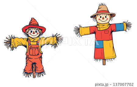 Vsai two friendly cartoon scarecrows standing smiling on white background Vsai two friendly cartoon scarecrows standing smiling on white background 137007702