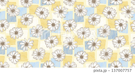 Retro sketchy seamless pattern with white chamomile flowers on yellow and blue textured strokes check background. Hand drawn engraved gerbera flower print for textile, wrapping paper, surface Retro sketchy seamless pattern with white chamomile flowers on yellow and blue textured strokes check background. Hand drawn engraved gerbera flower print for textile, wrapping paper, surface 137007757