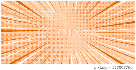 Abstract grunge textured pastel orange striped retro comic background with halftone corners and texture overlay. Cartoon backdrop with stripes and half tone pattern for advertising design, poster 137007760