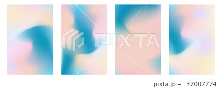 Set of soft vector wavy teal blue and pastel coral pink mesh gradient backgrounds. Abstract vibrant candy aquamarine and peach digital watercolor gradation for liquid concept, fluid design, banner 137007774