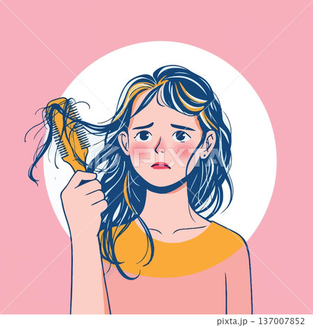 Vsai woman experiencing hair loss holding brush full of fallen hair Vsai woman experiencing hair loss holding brush full of fallen hair 137007852