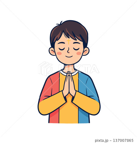 Vsai young boy praying during lent with ash cross 137007865