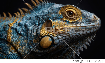Detailed close-up of blue iguana on dark background, reptile macro portrait. 137008342