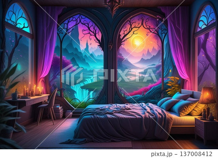 自然の中にある建物の窓から見た景色 137008412