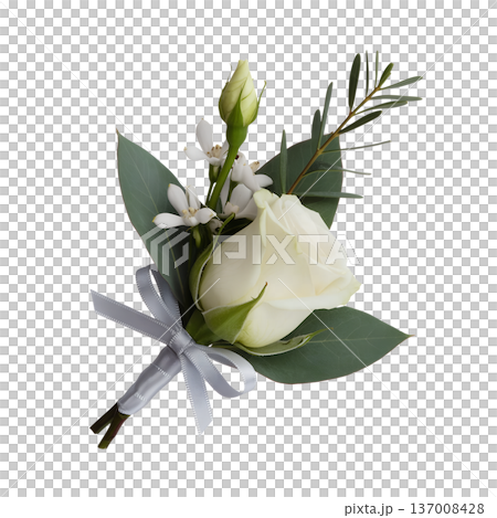 Elegant white rose boutonniere or corsage with fresh greenery and a satin ribbon, perfect for weddings, proms, and formal events 137008428