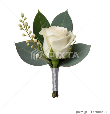 Single white rose with eucalyptus leaves and decorative ribbon, ideal for groom and groomsmen accessories 137008429
