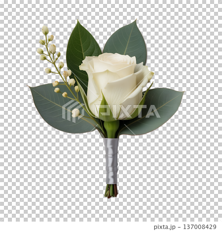 Single white rose with eucalyptus leaves and decorative ribbon, ideal for groom and groomsmen accessories 137008429