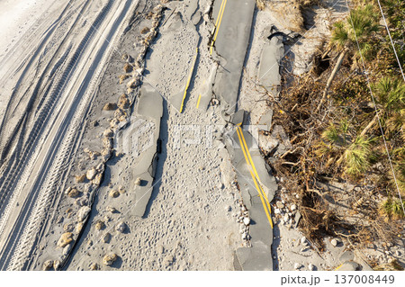 Destroyed Manasota Key road at Blind Pass Beach after Hurricane Milton storm surge. Severe damage to waterfront infrastructure in Florida Destroyed Manasota Key road at Blind Pass Beach after Hurricane Milton storm surge. Severe damage to waterfront infrastructure in Florida 137008449
