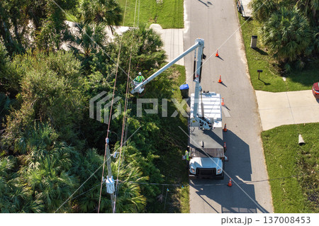 Maintenance of electrical grid by city utility cervices. Worker in lift truck trimming tree around power lines 137008453