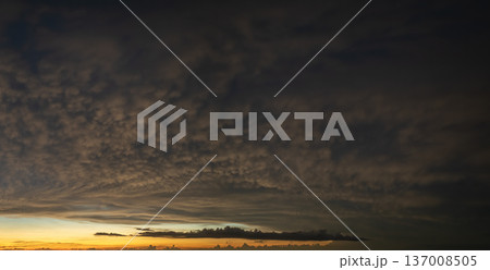 Dramatic sunset sky covered with colorful yellow clouds. Panoramic skyscape 137008505