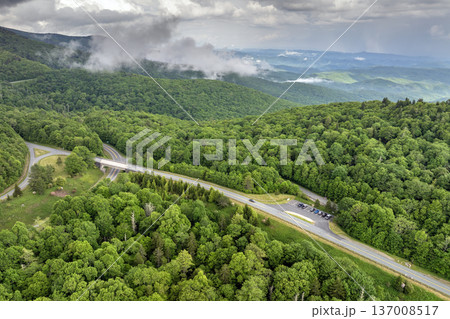 Car road trip on Blue Ridge Parkway in North Carolina Appalachian mountains. Beacon Heights parking lot overlook in summer season. Summertime landscape of beautiful nature Car road trip on Blue Ridge Parkway in North Carolina Appalachian mountains. Beacon Heights parking lot overlook in summer season. Summertime landscape of beautiful nature 137008517