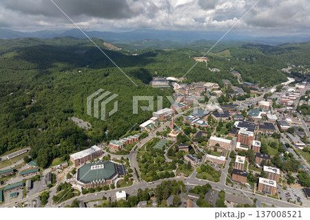 Boone, North Carolina. Historical American city architecture in Appalachian mountains. Old city in Watauga County, USA. Streets and historic buildings from above 137008521