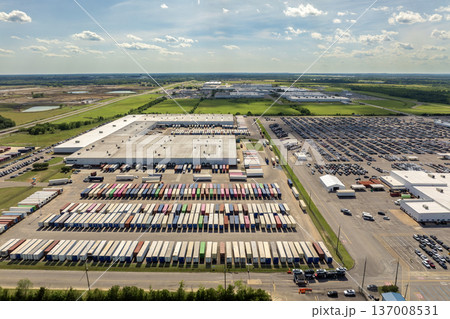 New cars parked on automotive factory parking lot for worldwide export. Dealer vehicle inventory business commercial 137008531