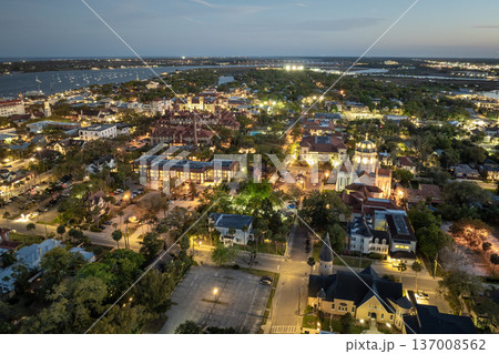 St. Augustine, Florida. American architecture with illuminated city streets and historical buildings at night. USA travel destination 137008562