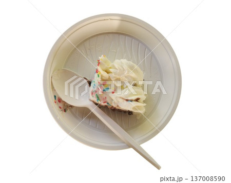 Leftover cake slice with sprinkles on compostable plate Leftover cake slice with sprinkles on compostable plate 137008590