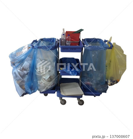 Cleaning service trolley carrying sorted recycling waste Cleaning service trolley carrying sorted recycling waste 137008607