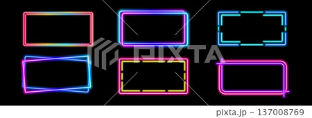 Glowing neon square border with electric blue waves and light effects forms a striking frame ideal for retro gaming backgrounds, portals, and futuristic digital designs 137008769