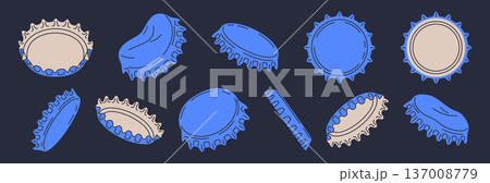 Cartoon metal caps. Beer, soda pop or lemonade bottle caps, metallic lid for glass containers with refreshing beverages flat vector illustration set. Isolated bottle caps Cartoon metal caps. Beer, soda pop or lemonade bottle caps, metallic lid for glass containers with refreshing beverages flat vector illustration set. Isolated bottle caps 137008779