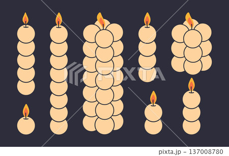 Cute bubble aroma candles. Burning aromatic wax candles, decorative home interior aromatherapy candles flat vector illustration set. Beige candles isolated on dark background 137008780
