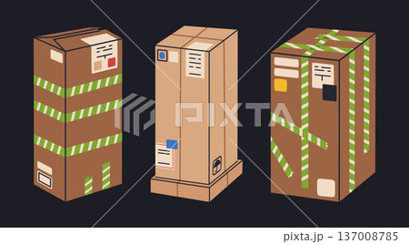 Warehouse carton boxes. Cardboard boxes, packed parcels, delivery or moving carton containers flat vector illustration set. Cartoon cargo boxes isolated on dark background Warehouse carton boxes. Cardboard boxes, packed parcels, delivery or moving carton containers flat vector illustration set. Cartoon cargo boxes isolated on dark background 137008785