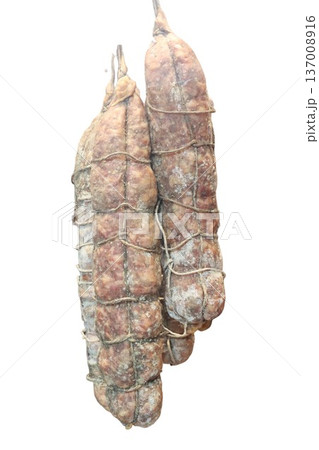 Salami dry cured meat hanging traditional artisan food Salami dry cured meat hanging traditional artisan food 137008916