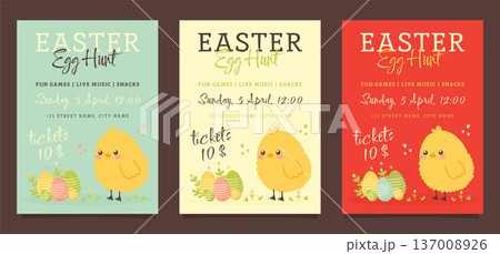 Easter egg hunt posters set with cute chick and colorful eggs vector illustration. 137008926