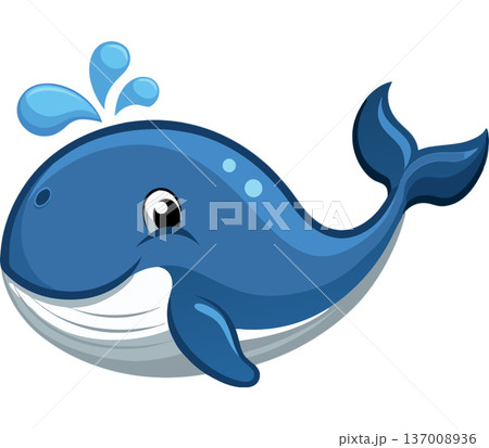 Cute blue whale cartoon with water spout on transparent background 137008936