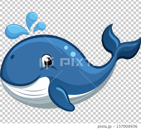 Cute blue whale cartoon with water spout on transparent background 137008936