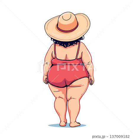 Curvy woman wearing swimsuit and sun hat standing on beach Curvy woman wearing swimsuit and sun hat standing on beach 137009182