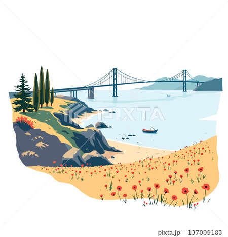 Suspension bridge overlooking poppy field and tranquil bay 137009183