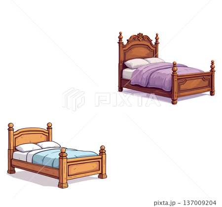 Two wooden beds with pillows and blankets representing rest and comfort Two wooden beds with pillows and blankets representing rest and comfort 137009204